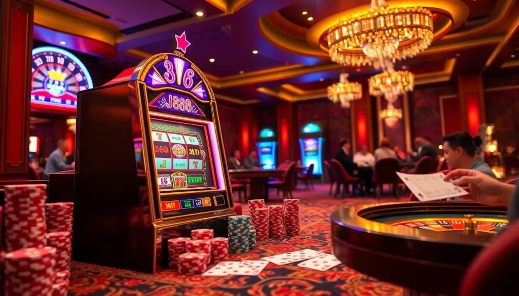 Experience the excitement of the j88-themed slot machine amidst vibrant poker chips and roulette wheels at a casino.
