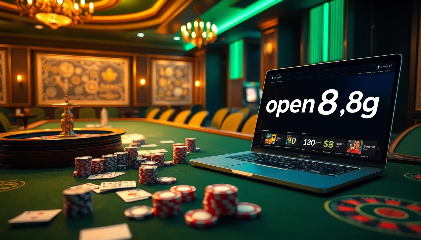 Experience the excitement at open88.gg with luxurious casino elements, poker chips, and roulette wheels.