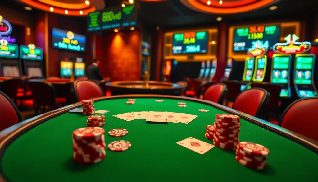 Engaging casino setup showcasing poker chips and cards, with focus on 888vnd exchange rates.