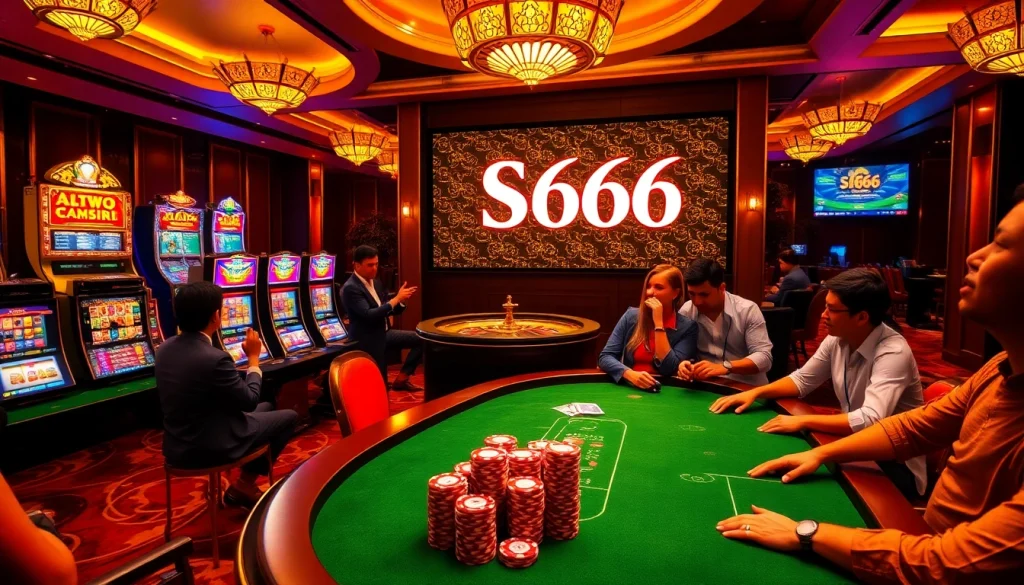 S666 casino players celebrating wins at an elegant roulette table surrounded by vibrant slot machines.