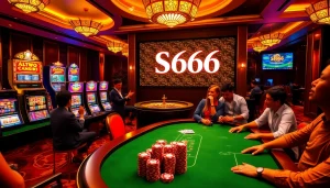 S666 casino players celebrating wins at an elegant roulette table surrounded by vibrant slot machines.