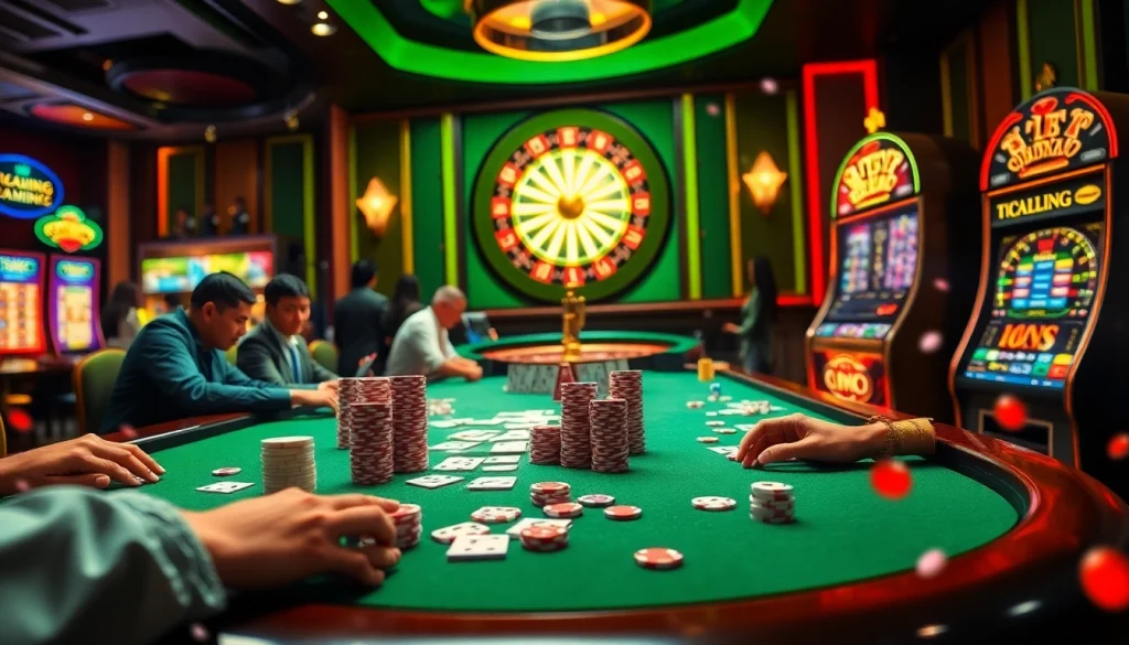 Experience the thrill of mm88 kjc with players at a vibrant casino table, showcasing poker excitement and action.