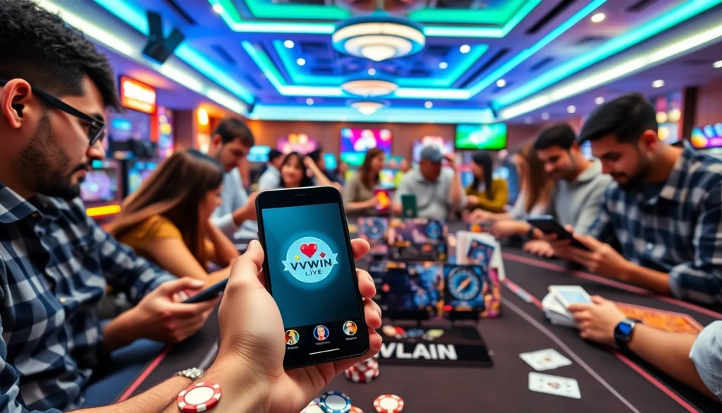 Engaging scene promoting VVVWIN app on vvvwin88.live with players enjoying casino games.