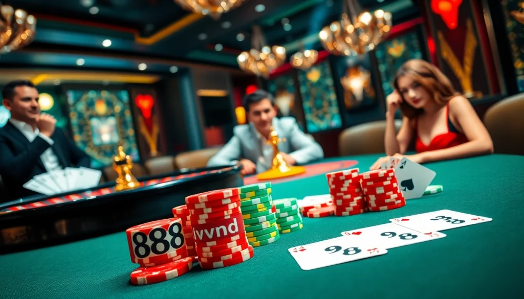 Engage in thrilling casino action at 888vnd's vibrant poker table, surrounded by colorful chips and cards.