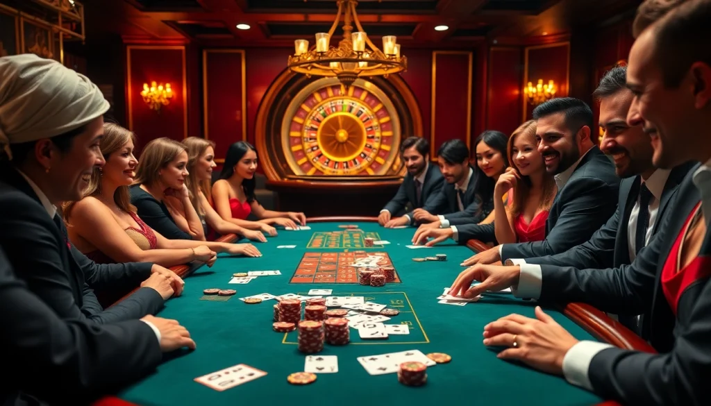 Players strategizing at a vibrant poker table at https://rr88a.us.com/, showcasing excitement and luxury in the casino.