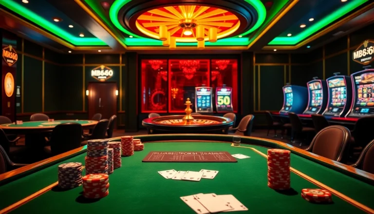 Experience the thrill of MB66 casino gaming with vibrant poker tables and roulette wheels.