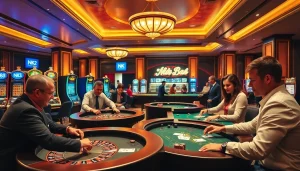 Engaged gamblers playing poker and roulette in a luxurious NK 88 casino setting.