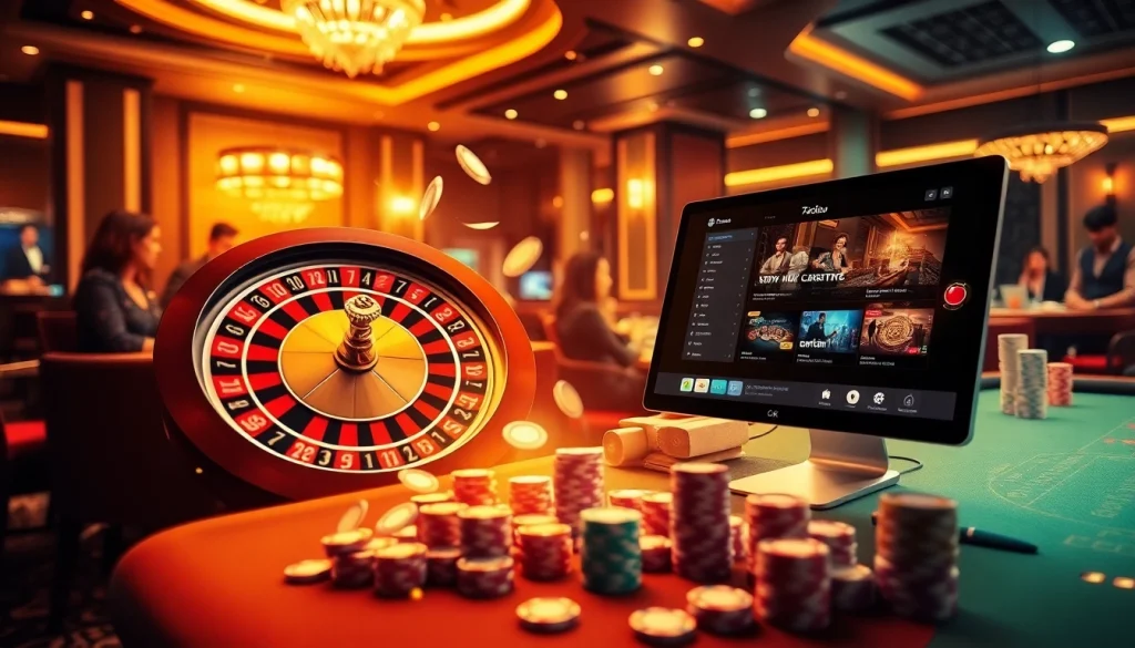 Players enjoying exciting games at 789club casino, showcasing poker chips and a roulette wheel.