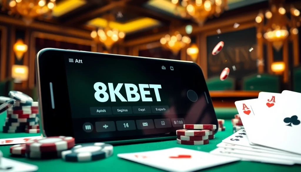 Tải app 8KBET to access a luxurious mobile gambling experience with poker chips and cards.