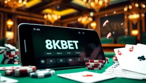 Tải app 8KBET to access a luxurious mobile gambling experience with poker chips and cards.