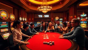 A dynamic casino scene showcasing poker action at the TR 88 table with vibrant colors and luxurious decor.