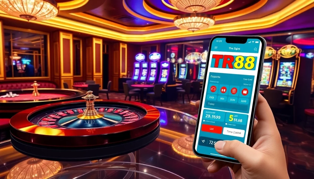 Experience the excitement of the TR88 app amidst a vibrant casino scene with roulette and poker.