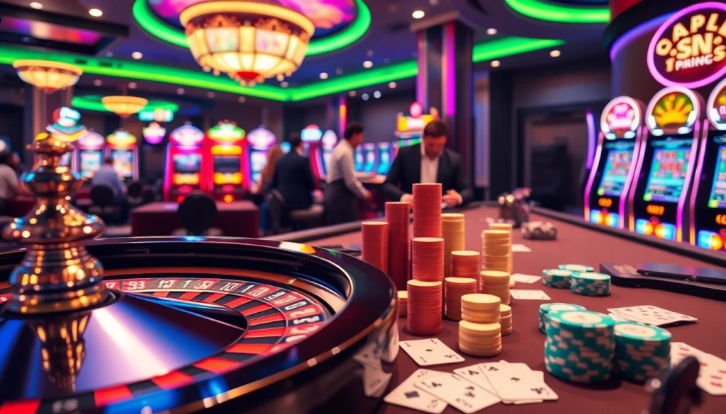 Experience the excitement of s666hn.com with vibrant casino scenes featuring roulette and poker tables.