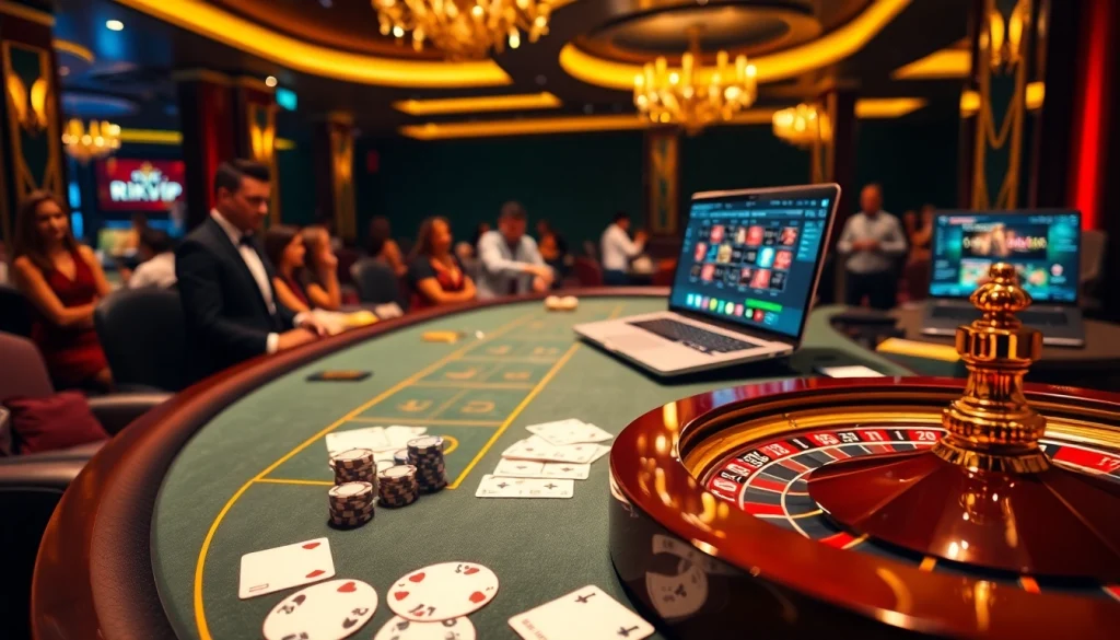 Play at Rikvip's exciting gaming table with vibrant poker chips and a roulette wheel.