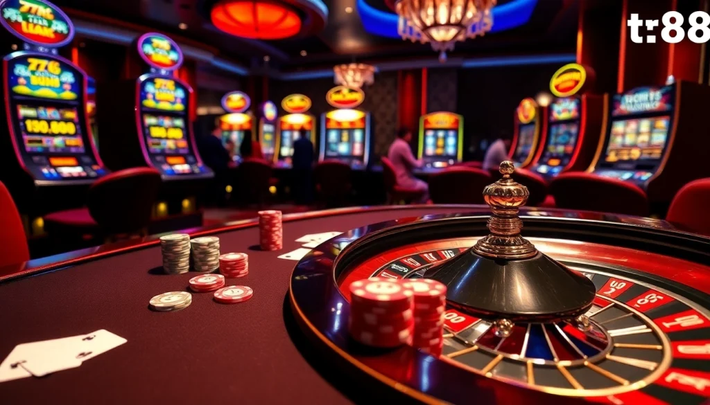 Tg88 players enjoying a vibrant casino atmosphere with poker chips, cards, and roulette wheel.