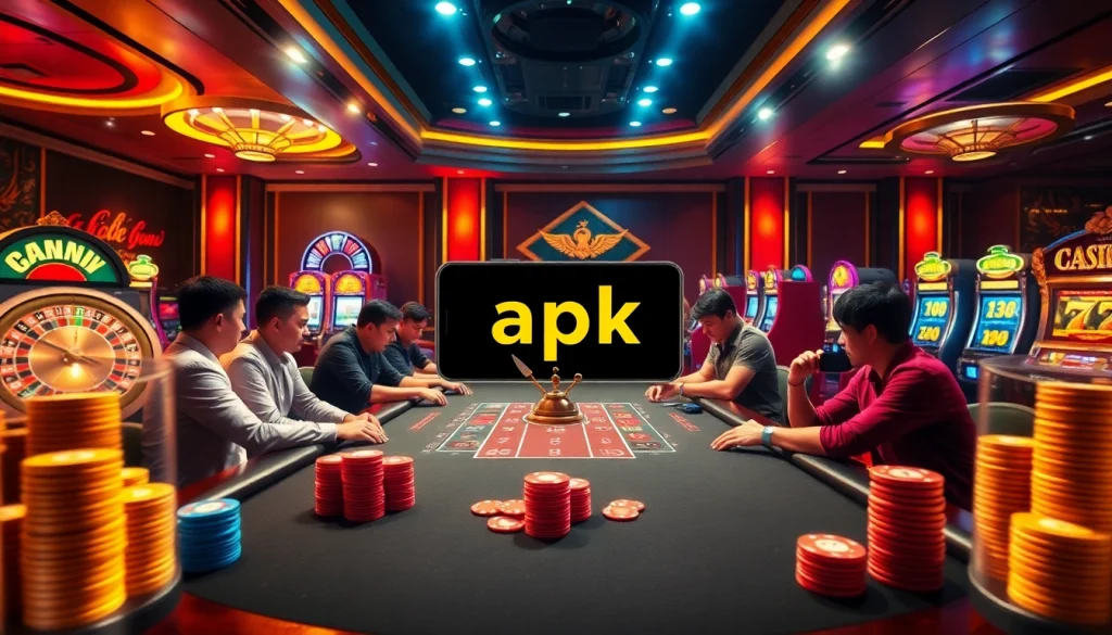 Engage with app - đăng ký nhận 58k in a luxurious casino setting filled with poker, roulette, and slot machines.