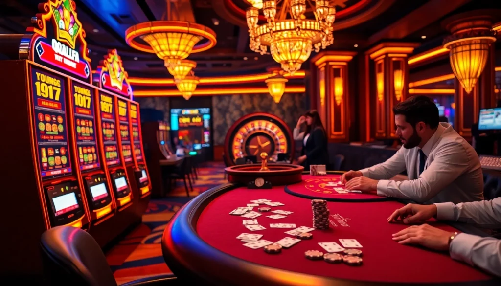 Engage with thrilling gameplay at QQALFA's captivating casino scene featuring vibrant slot machines.