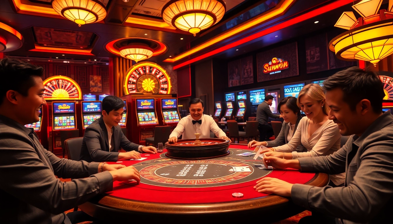 Players enjoying Game bài Sunwin at a luxurious casino table with vibrant slot machines in the background.