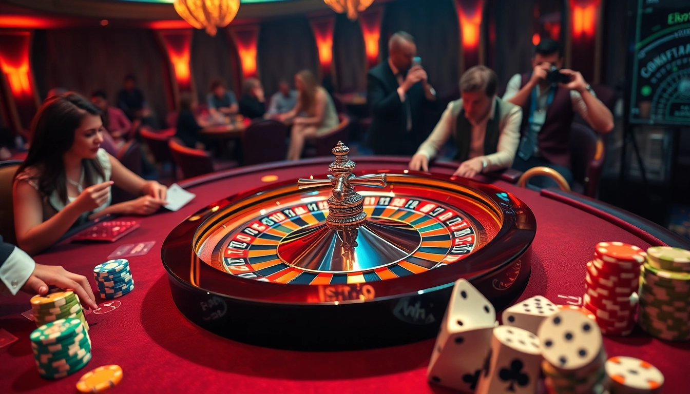 Engaged players at a vibrant kkwin roulette table, showcasing excitement and thrilling gambling action.