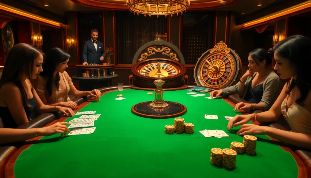 Experience high-stakes gambling excitement at 888VND COM with elegant poker tables and roulette wheels.