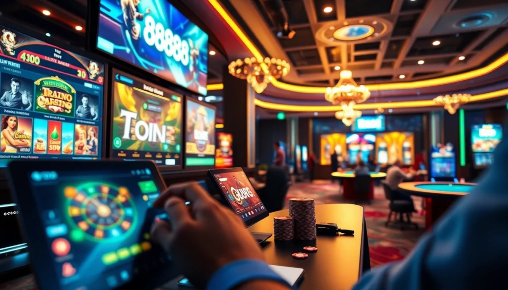 Vibrant online gaming atmosphere featuring new888 with digital casino interfaces and players.