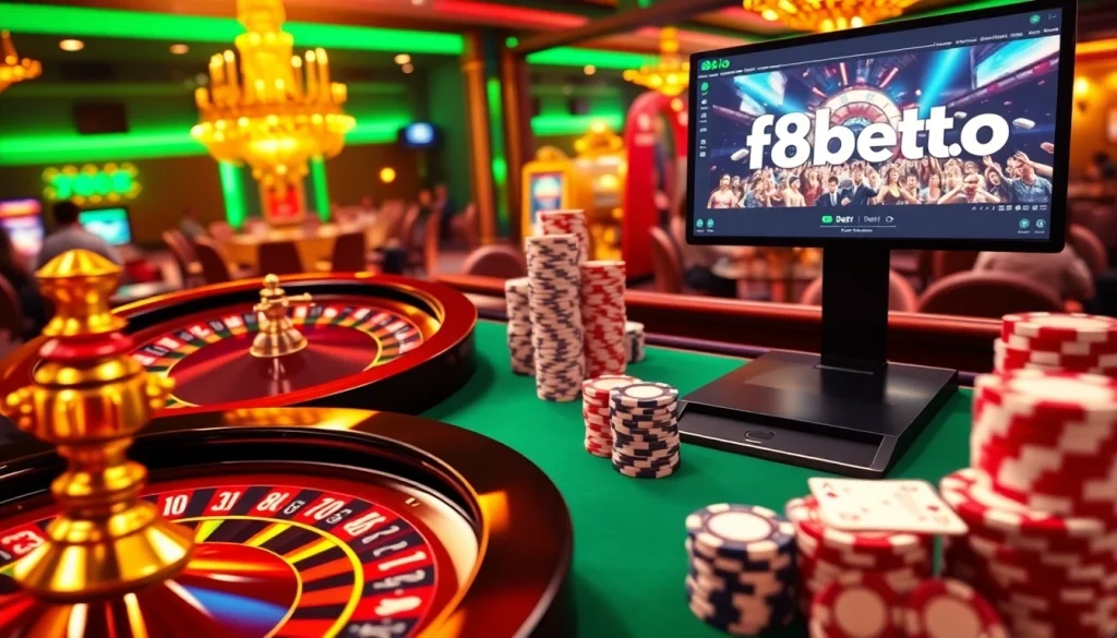 Experience the thrill of gambling at f8bet.io with a vibrant casino scene showcasing roulette and poker excitement.