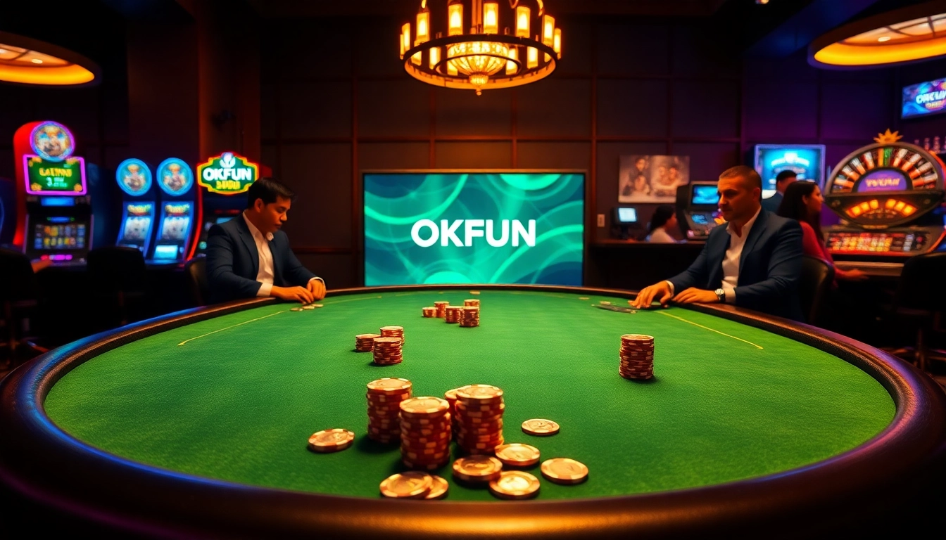 Players engage in high-stakes poker at an elegant casino table, showcasing the thrilling atmosphere of OKFUN.