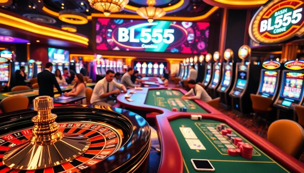 Players enjoying high-stakes games at BL555 casino, showcasing roulette, poker, and vibrant slot machines.