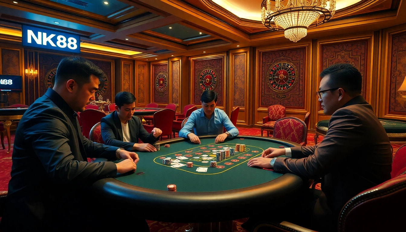 NK88 players strategizing at a high-stakes poker table in an elegant casino.