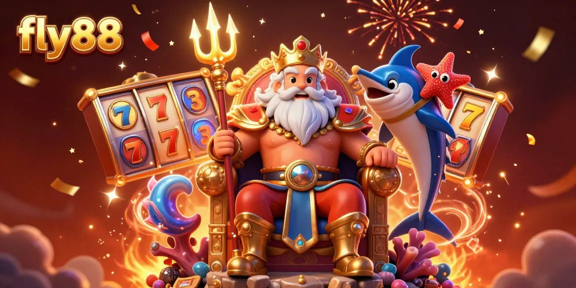 Engage in thrilling with fly88 as Neptune presides over a vibrant casino scene filled with slot reels and jackpots.
