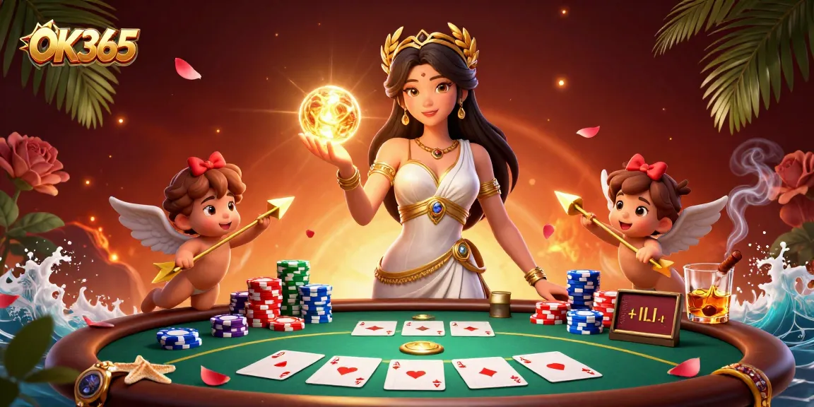 Play exciting poker at OK365 with a stunning Grecian goddess and playful Cupid cherubs.