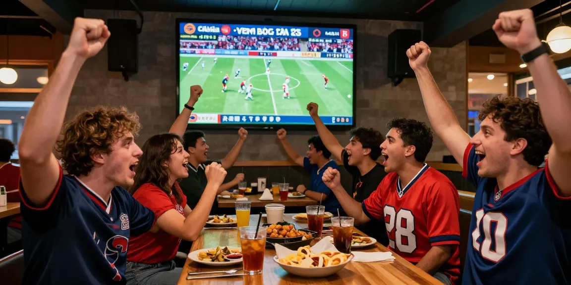 CakhiaTV xem bóng đá in lively sports bar with cheering fans enjoying live football matches.