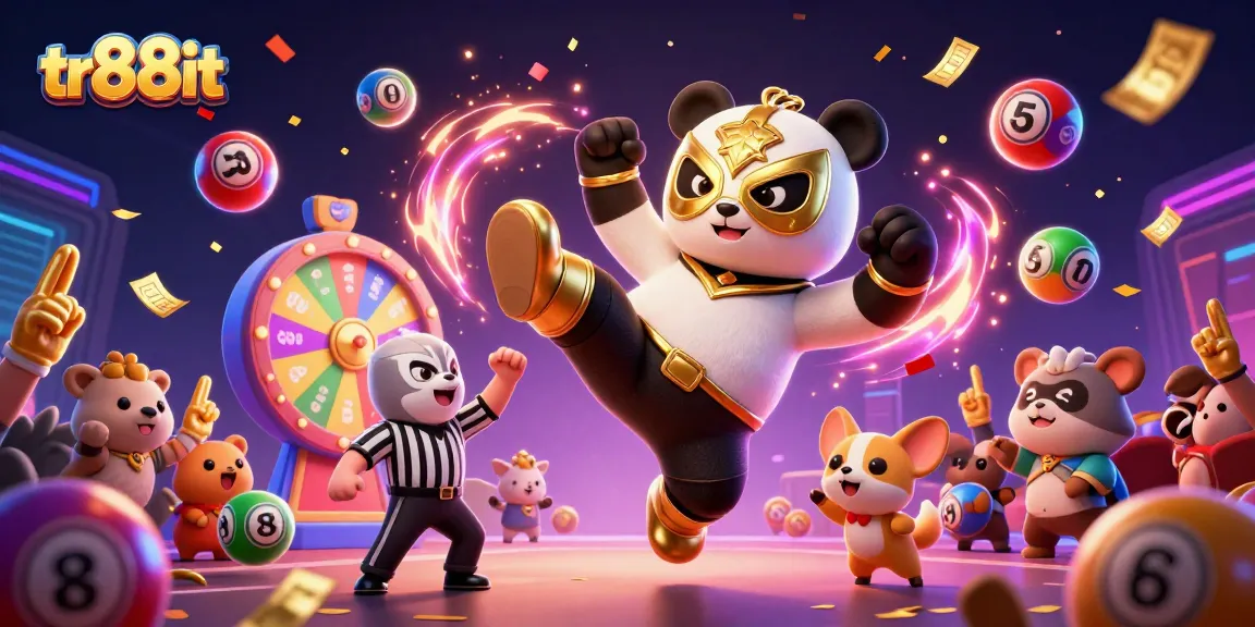 Experience thrilling action at tr88it with a dynamic scene of a panda wrestler and animal crowd celebrating winning moments.