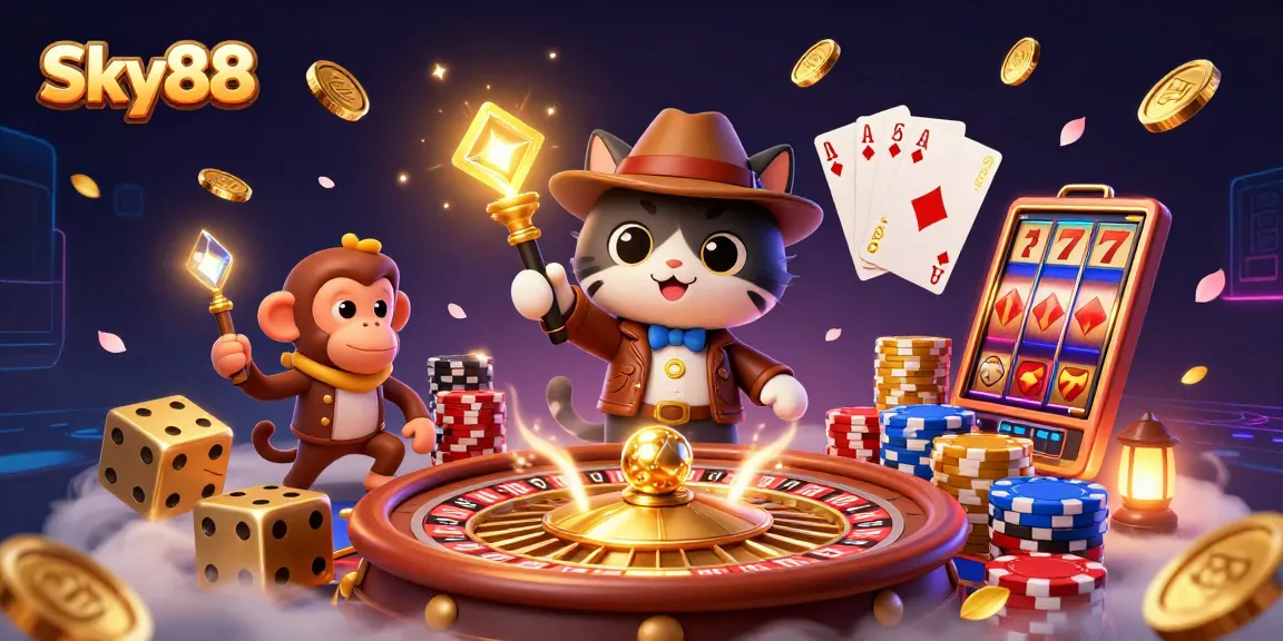 Experience thrilling action with Sky88's vibrant casino-themed 3D illustration, showcasing adventure and excitement.